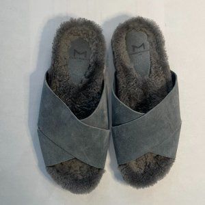 Marc Fisher - Canna Cozy Slides Sandals in Blue Gray Sherpa Suede 7